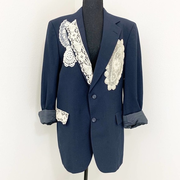 Neil & David Jackets & Blazers - Vintage Upcycled Navy Blazer size XL Granny Cottage Core
